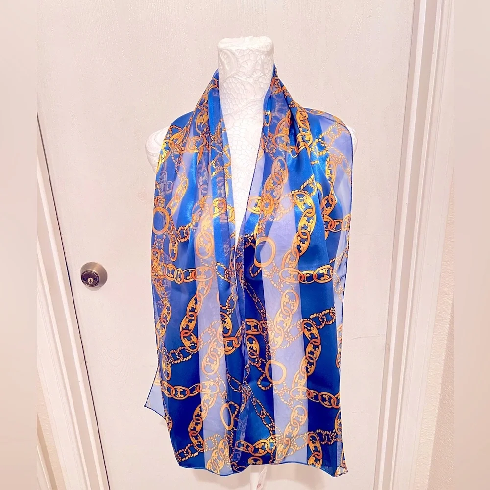 Royal Blue & Gold Chain-Print Sheer Scarf
